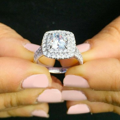 Halo Engagement Ring 2.80Ct Round Cut Diamond White Gold Finish Simulated Size 9