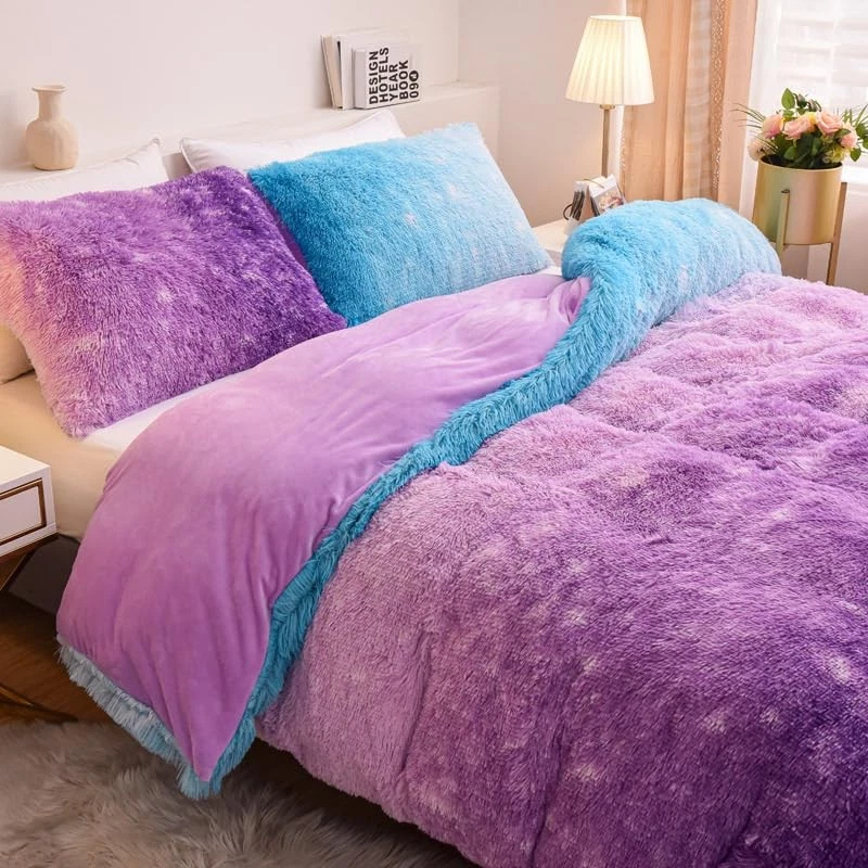 蓝色紫色Ombre Stars毛茸茸的模糊被套套装大号人造毛皮Bedd... — 第 3/4 张图片