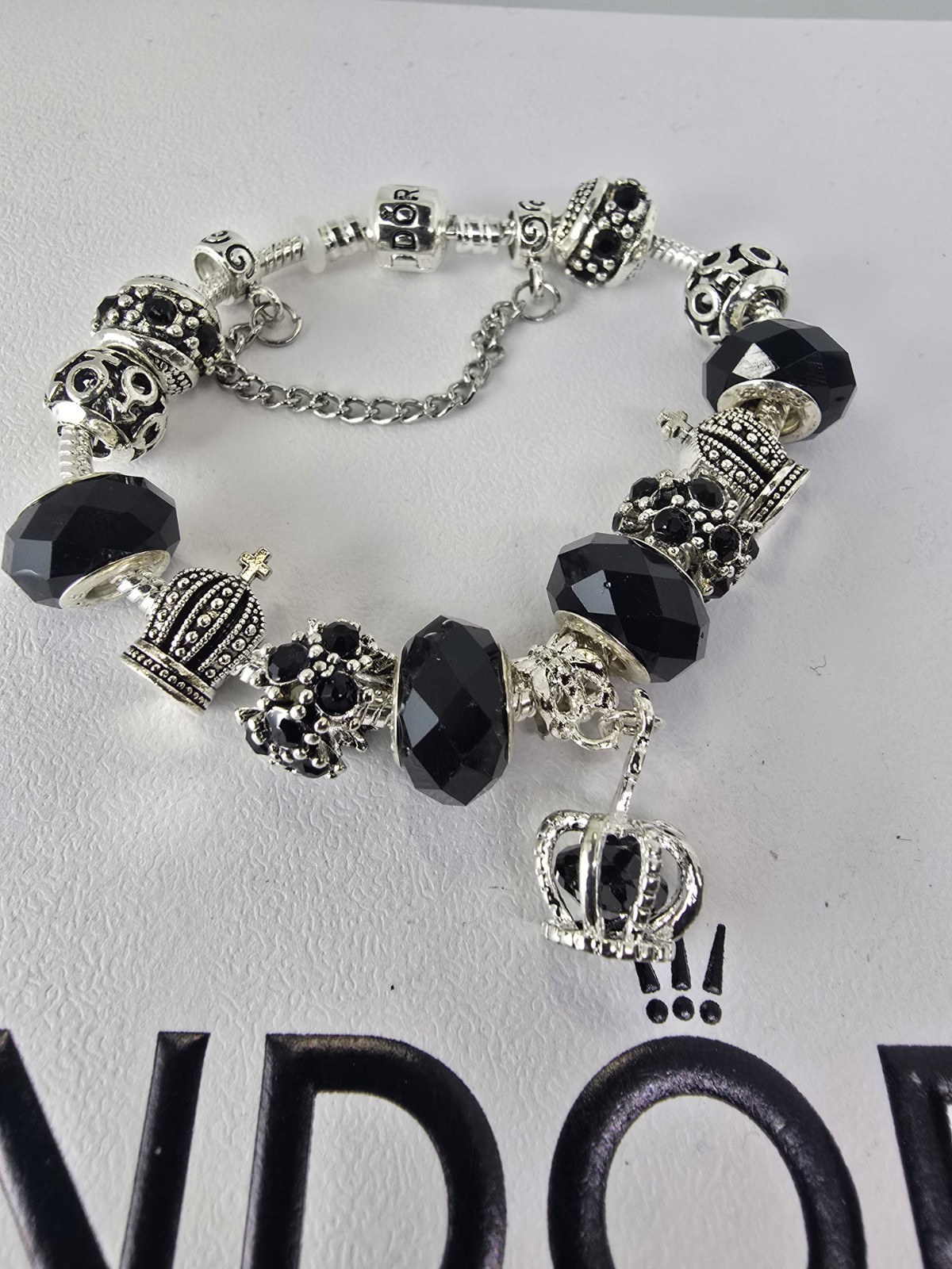 SILVER BRACELET WITH CRYSTAL CROWN AND LOVE EUROPEAN CHARMS,7.5
