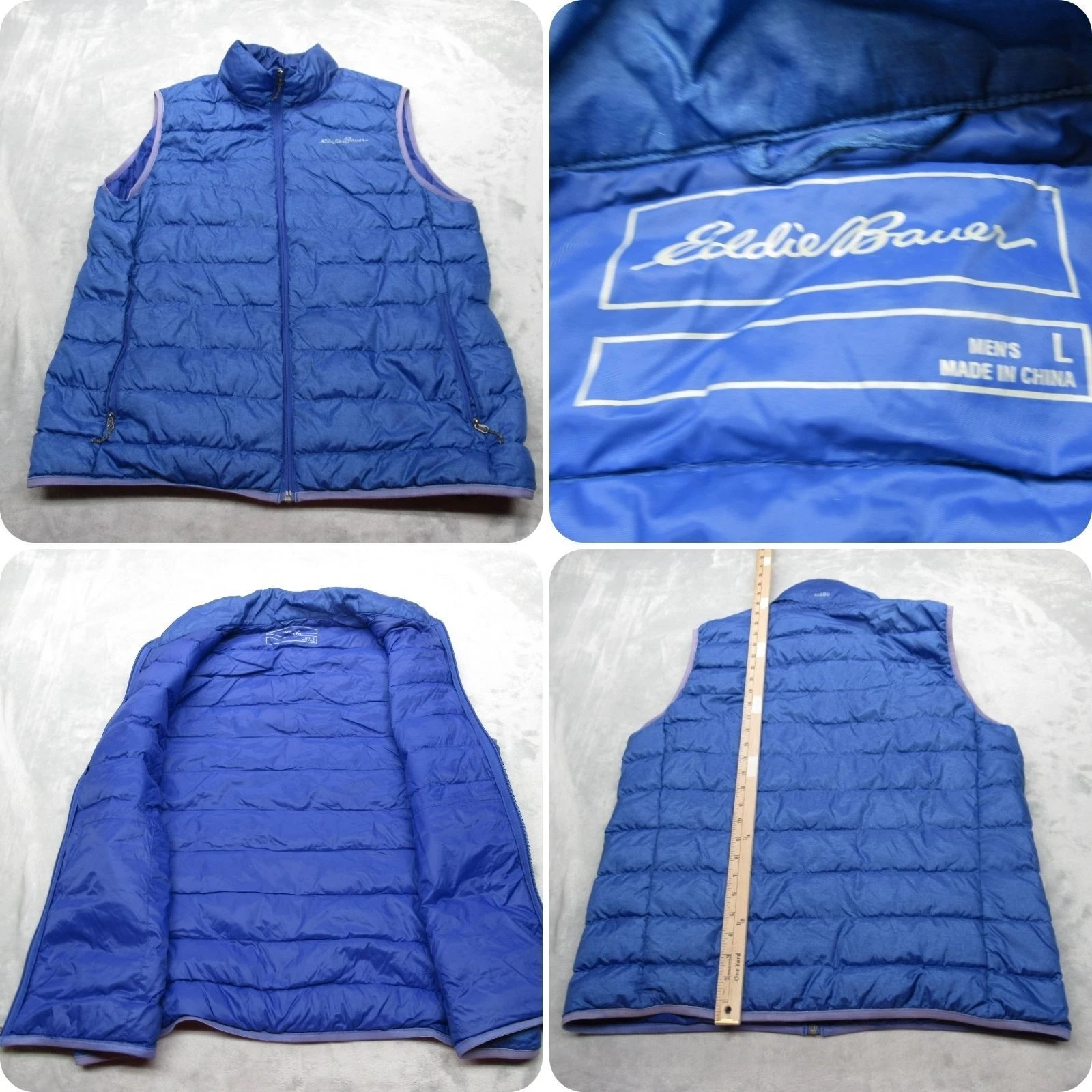 Eddie Bauer Down Vest Mens Large Blue Lightweight Packable Full Zip Quilted Puff