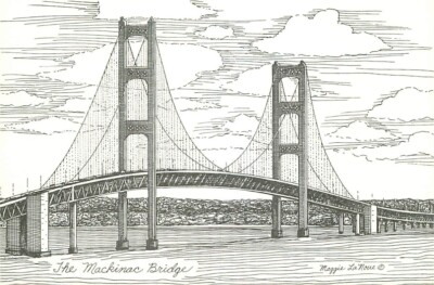 Postcard Maggie LaNoue Artist Rendering Mackinac Bridge, Michigan