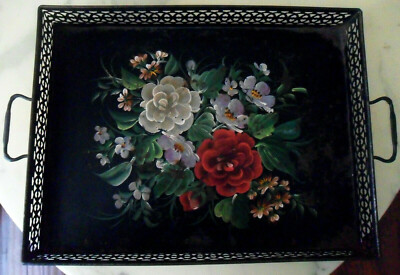 Vintage Metal Black TRAY Hand Painted by PILGRIM Expressly for B. Altman, Roses