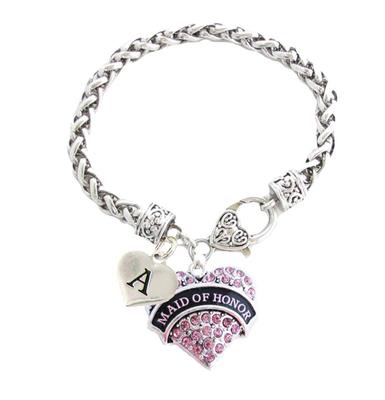 Custom Pink Crystal Maid of Honor Heart Silver Bracelet Jewelry Choose Initial