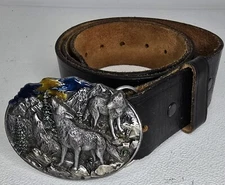 VTG Siskiyou Ornate Wolf Pack Belt Buckle & Belt 1981 Bergamot Brass Works 34"