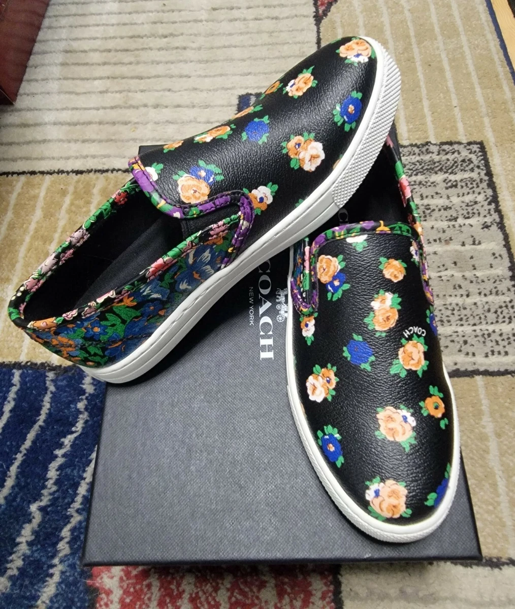 New Coach Shoes Sneakers Flats Slip on Black Blue Floral Womens Size 5