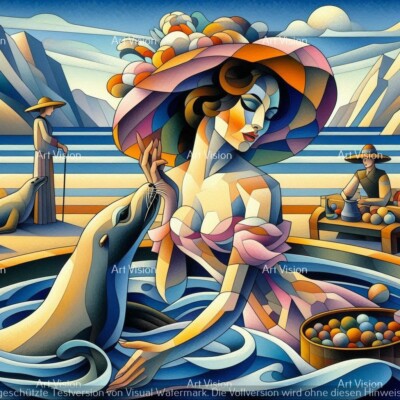 Kubismus - Dame spielt mit Robbe - Original auf Leinwand 60x60cm 2024