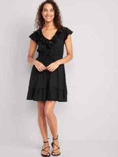 NWT Old Navy Black Waist-Defined Ruffle-Trim Mini Dress Size Medium or Large