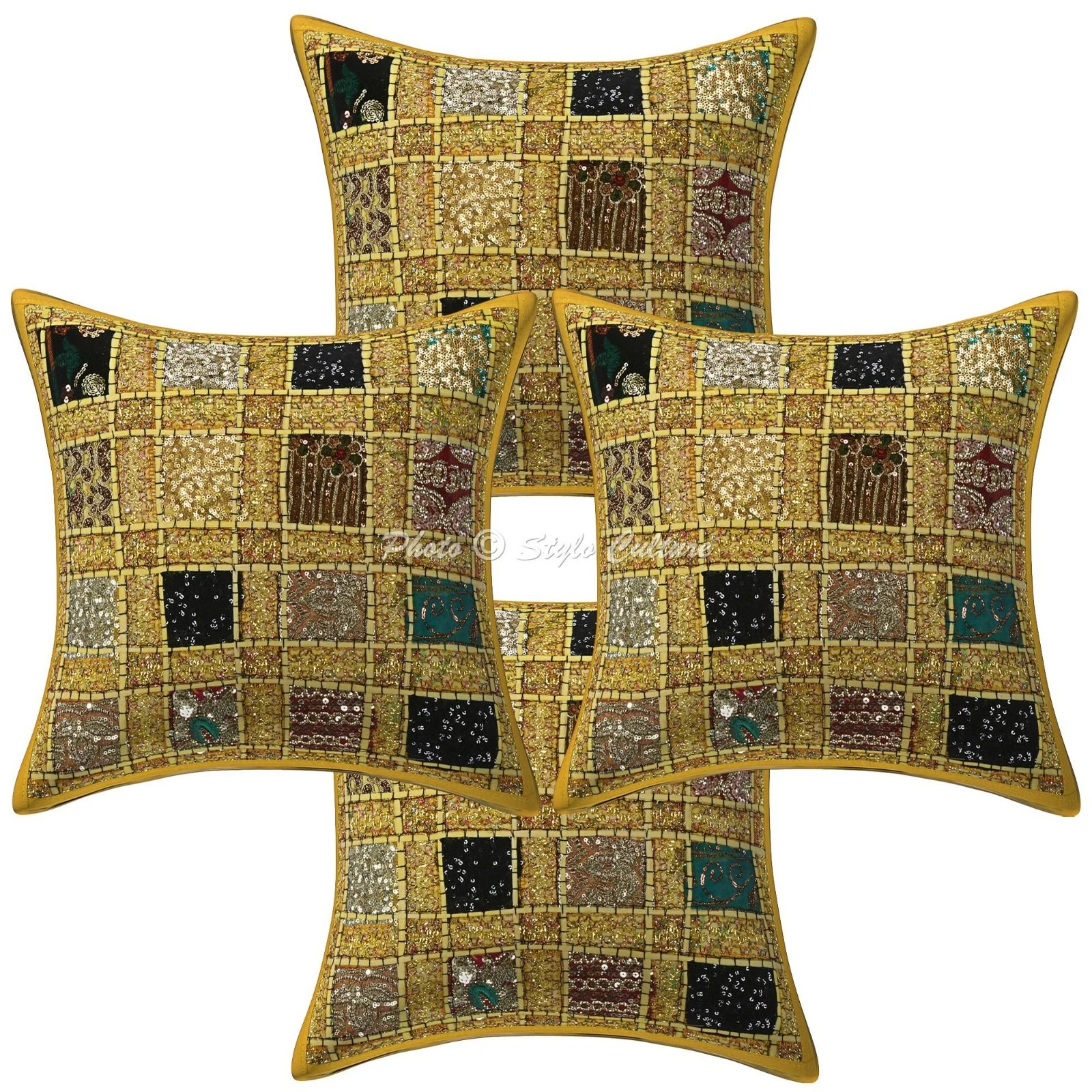 Boho Cotton Throw Pillow Covers Patchwork Embroidered Yellow Geometric 40x40 cm