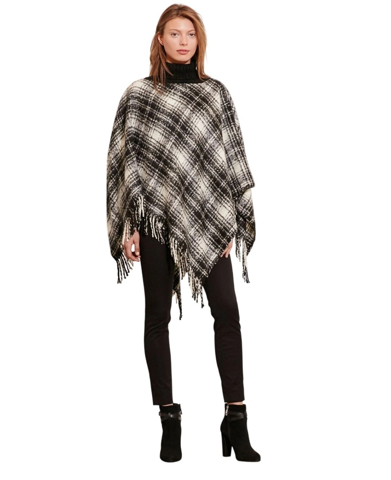 Ralph Lauren Tartan Poncho Fringe Plaid Cape Coat Sweater Jacket Wrap Shawl