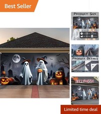 Eye-Catching Halloween Garage Banner 7x16 ft with Ghost and Cauldron Design