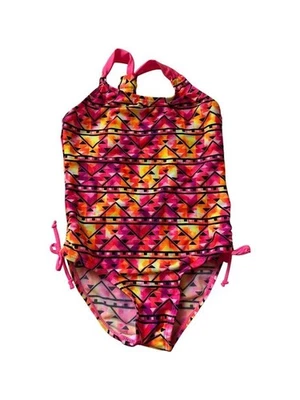 Girls One-Piece Swimsuit With Side Ties & Geometric Print Pink -5/6 - Image 1 of 2