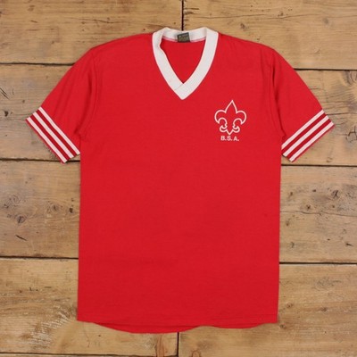 Vintage Jerzees BSA T-Shirt S Herren 80er rot Russell Grafik V-Ausschnitt Ringer Scouts