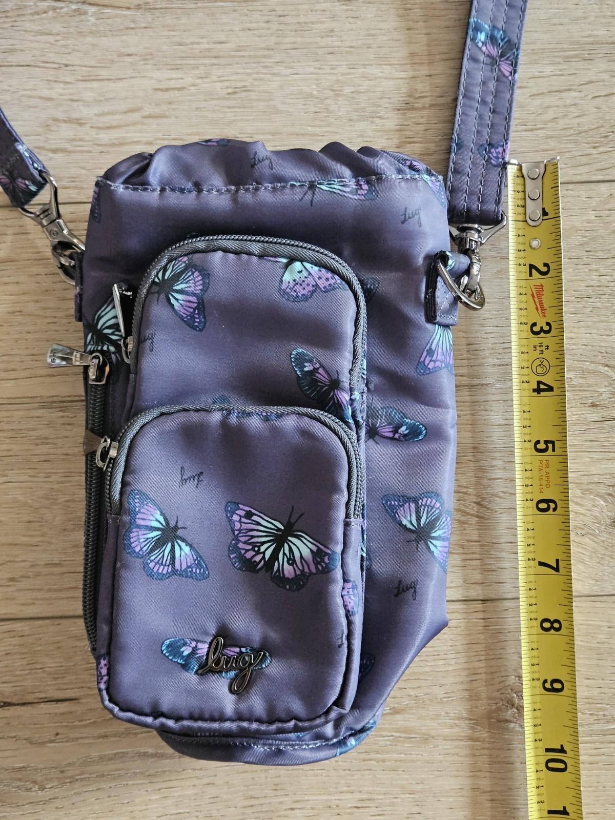EUC Clean Lug Huggie Se Insulated Crossbody Water Bottle Bag Gray Butterfly 