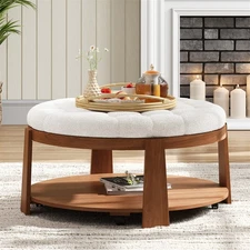 2-Tier Large Round Ottoman Coffee Table, Tufted w/ Wood Shelf & Wheels