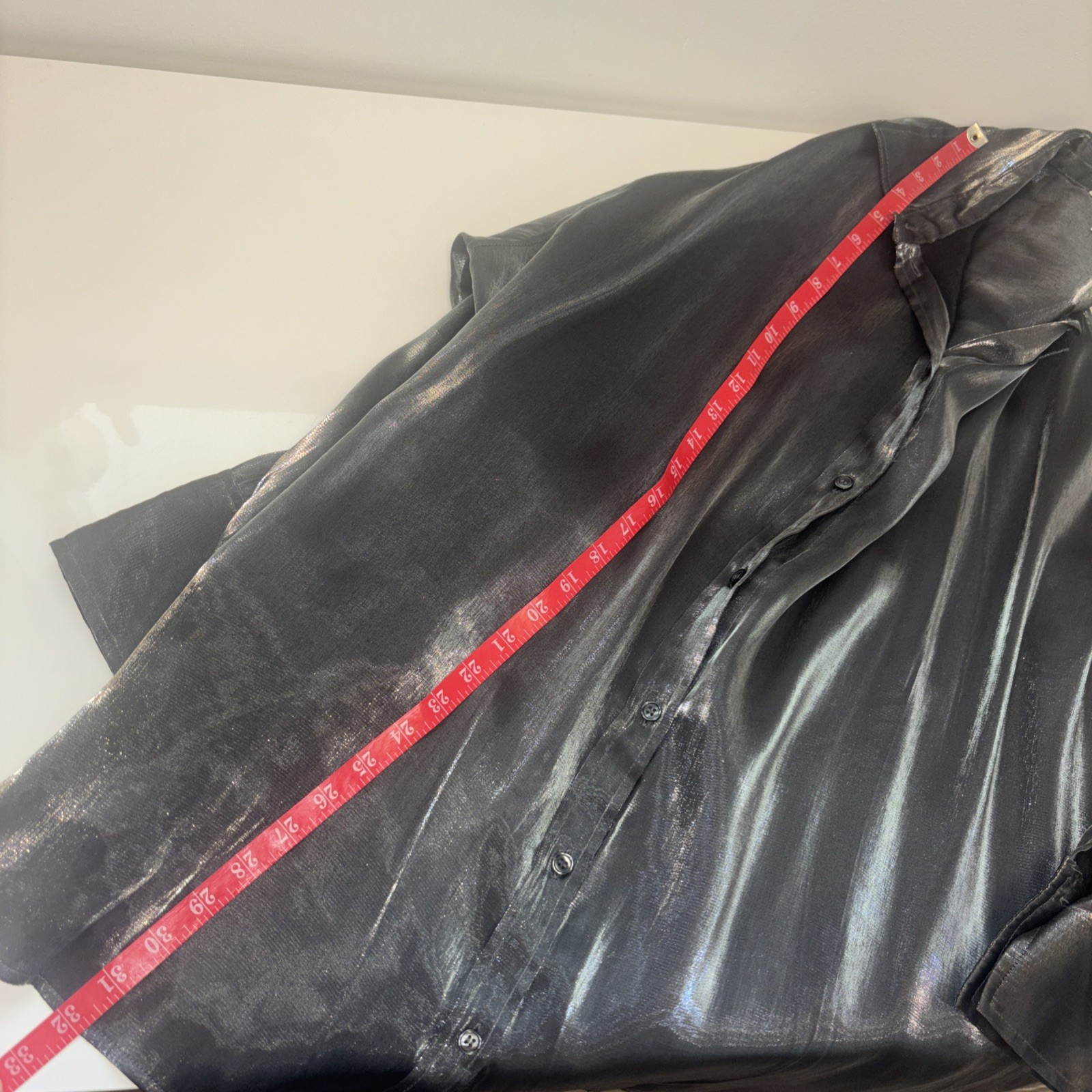 H&M Sz Lg Tunic Top Blouse Button Down Shirt Glam Metallic Rockabilly Old Money thumbnail 6