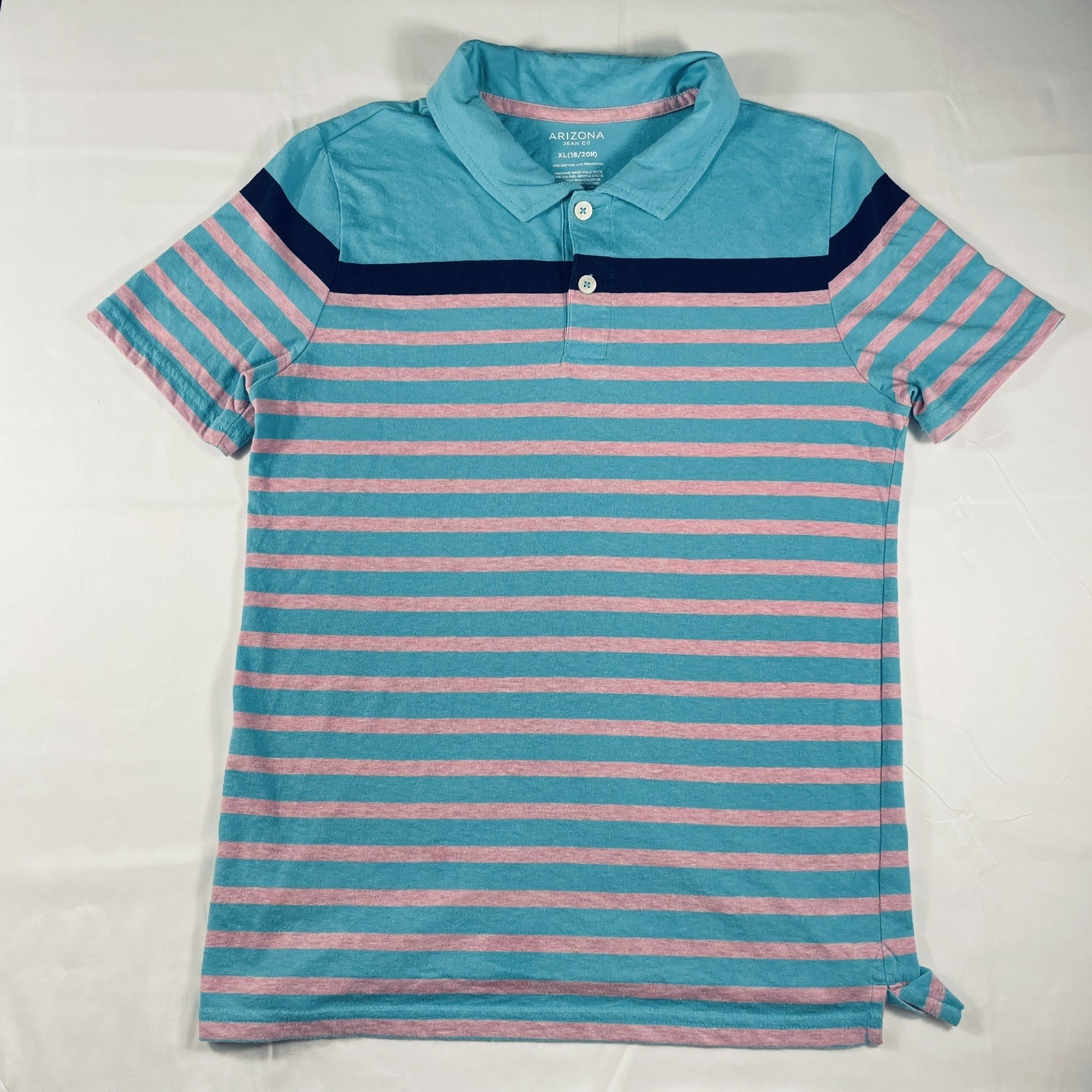 Arizona Jean Co. Boys’ Polo Shirt Striped Pink Blue Size XL 18 / 20 Short Sleeve