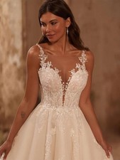 A-line Wedding Dresses Spaghetti strap Applique Open Back Sweep Train Bridal