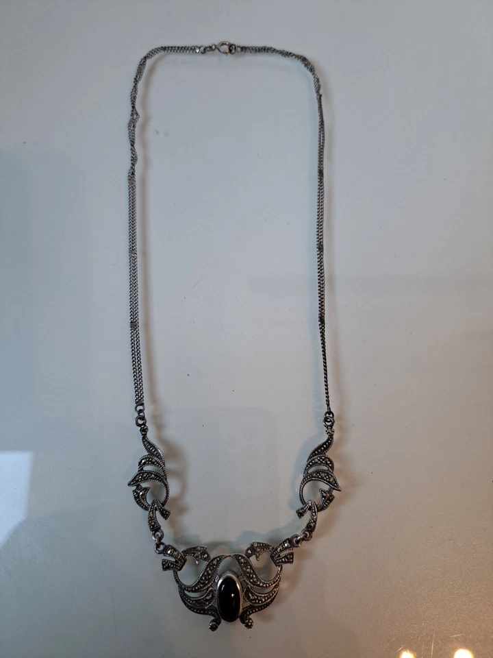 Muy Bonita, Vieja Cadena De Plata 925, Collar Con Ónix Y Marcasita - Imagen 2 de 4