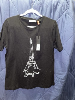 Mango Women's Black Bonjour Eiffel Tower Paris Graphic Crew Neck Tee M Cotton