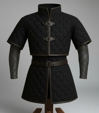 Black Cotton Gambeson Armor   LARP Medieval Padded Jacket with Leather Trim