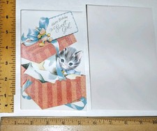 1 Vintage Birthday Greeting Card Kitten 1940s w Env UNUSED Glitter  Flocking