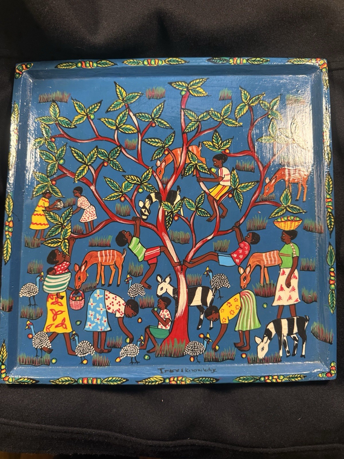 Fruit Pickers African Folk Art Painting on Wood Signed Irene KnowledgeOOAK 12x12