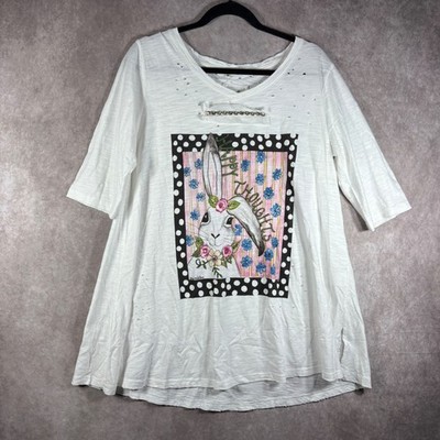 A Rare Bird Shirt Women S/M White Happy Thoughts Bunny Distressed Rhinestone NEW