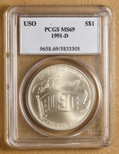 1991 D U.S.O. Commemorative Silver Dollar PCGS MS69