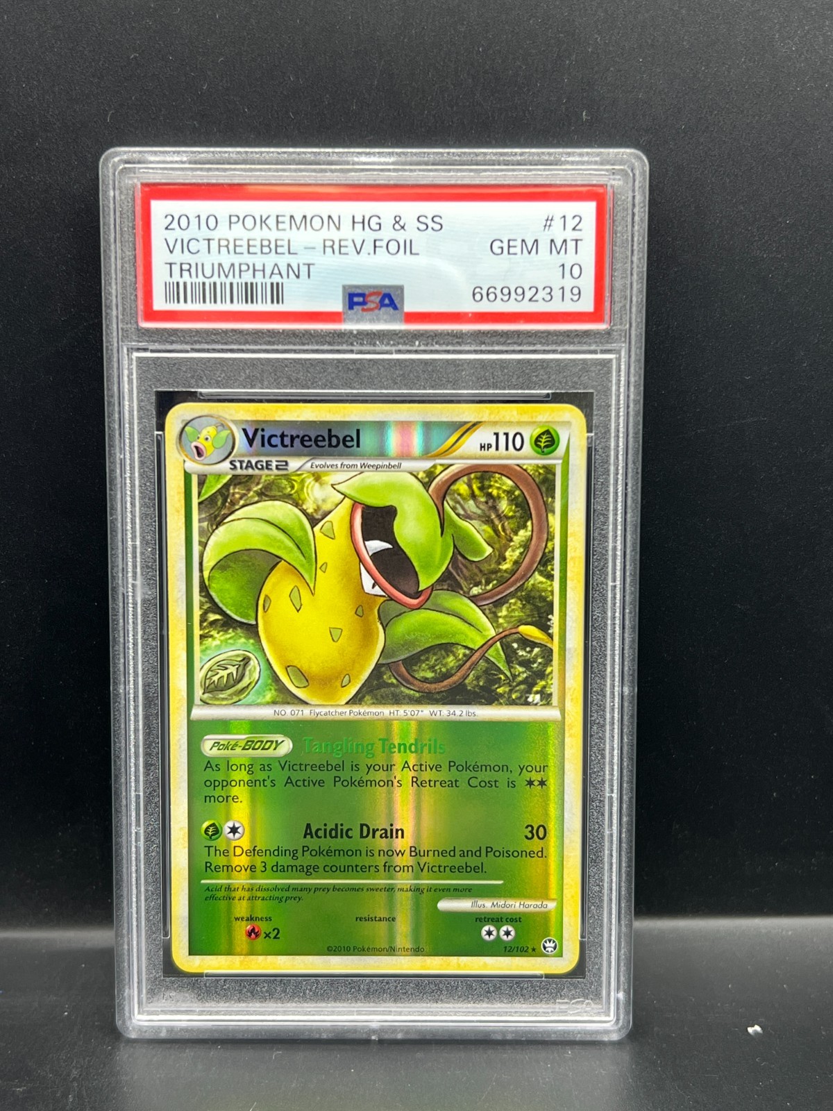 Pokemon PSA 10 GEM MT Victreebel 12/102 HGSS Triumphant Reverse Holo 2010 S#2319