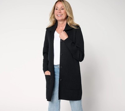 Denim & Co. Regular Button Front Sweater Tunic Cardigan Black L New