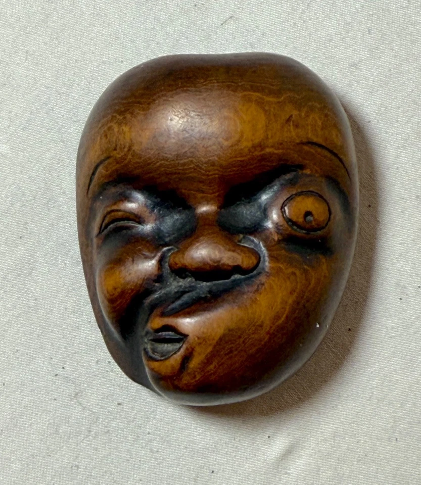 Máscara japonesa antiga esculpida à mão de buxo Netsuke Noh escultura Hyottoko - Imagem 2 de 4