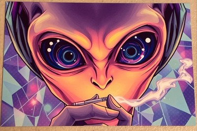 Alien Smoking DMT TRIP Psychedelic Cosmic Universe Anime Painting Small Art Card