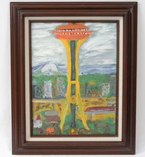 Vintage 12x16 Oil Painting 1962 Seattle World's Fair Space Needle Abstract