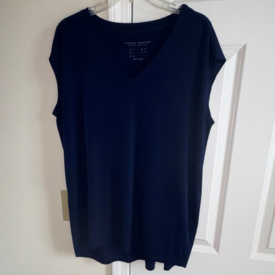 Susan Graver Women s Navy Solid V-Neck Short Sleeve High Low Tunic Size S QVC