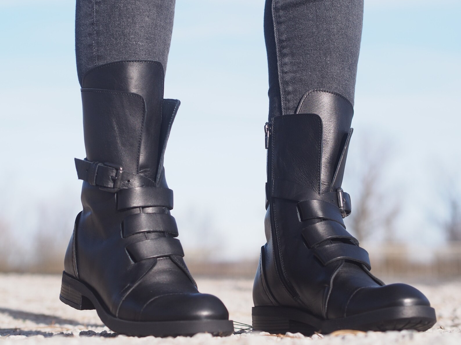 Botas de cuero genuino para mujer negras futuristas motociclista Cyberpunk minimalista