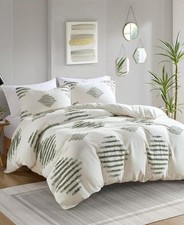 INK  IVY Tahli Chenille Green Ivory FULL/ QUEEN DUVET SHAMS SET Cotton Blend