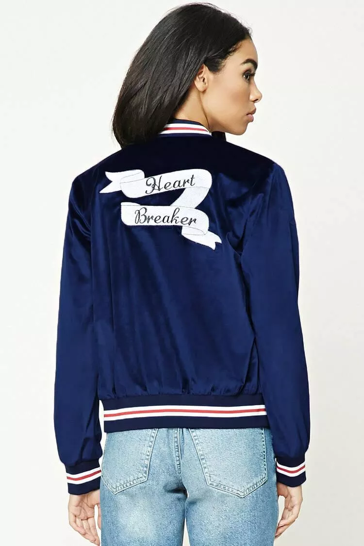 Women's Velvet Varsity Jacket Heartbreaker Embroidered Rose
