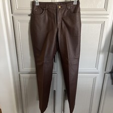 METROSTYLE Brown Leather Women s pants size 8 lined Flat Leg 5-Pockets. Leather