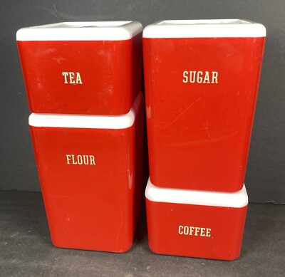 Red & White Retro Streamline Style plastic Kitchen Canister Set by Beacon 