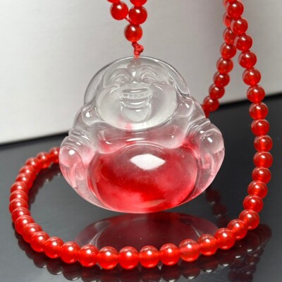 Certified Natural Ice White&Red Jade Jadeite Carved Buddha Pendant&Necklaces 佛公