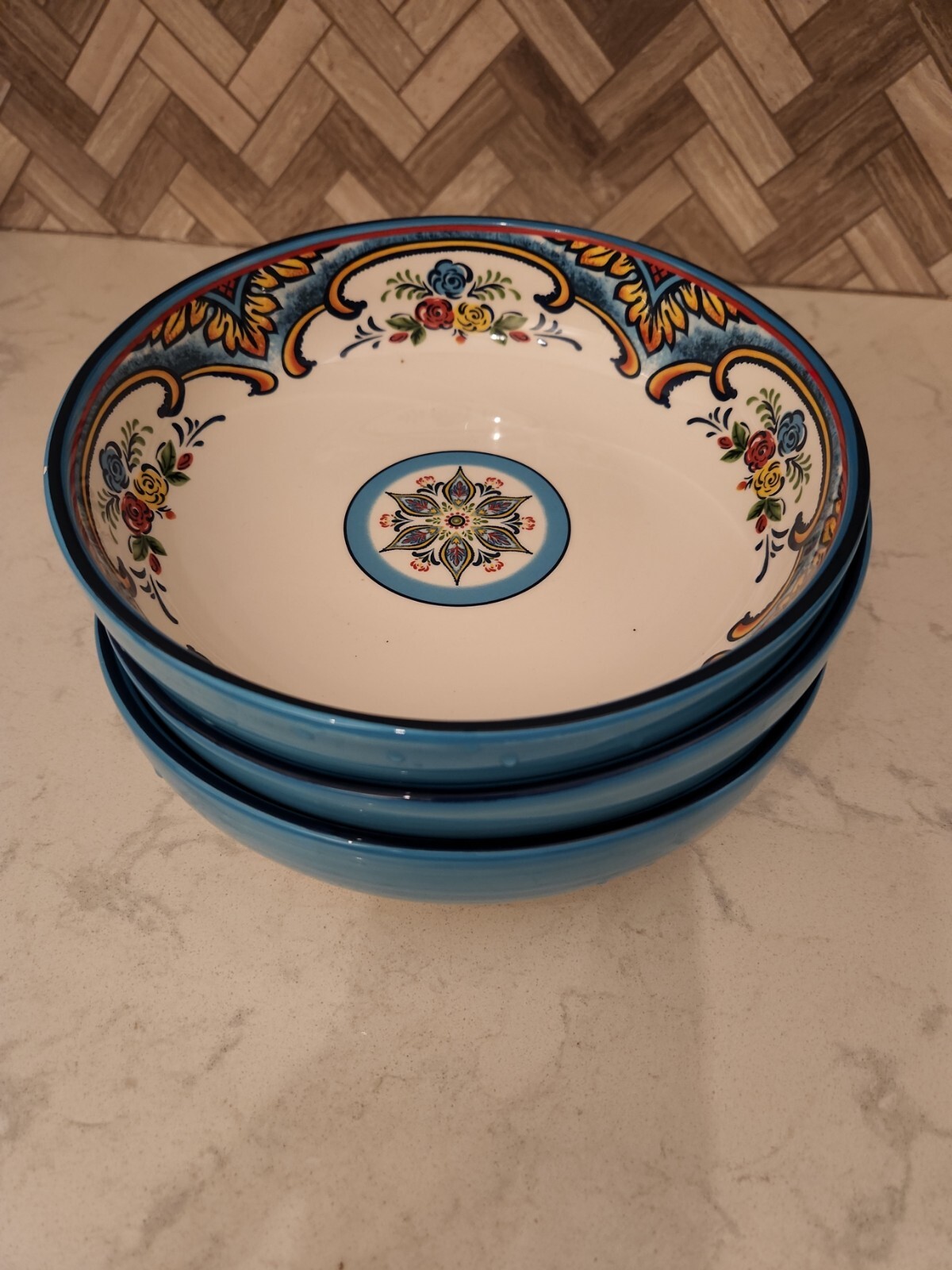 Euro Ceramica 3 Pasta Bowls Zanzibar Collection Salad fruit Blue 8.5