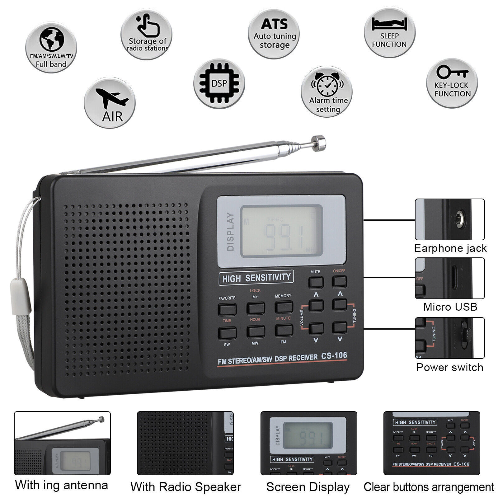 Portable Full Band AM/FM/SW/MW/LW Radio Digital Stereo Speaker Player ...