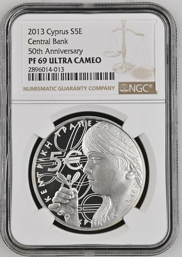 2013 Cyprus CENTRAL BANK 50TH ANNIVERSARY Silver 5 Euro S5E PF69 Ultra Cameo NGC