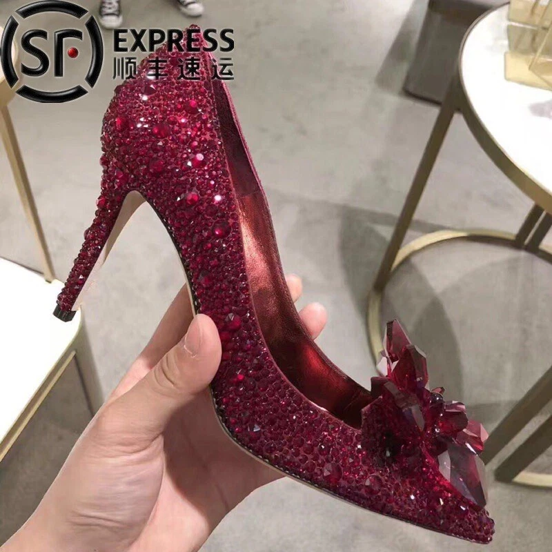 7CM/9cmWomen Silver Cinderella Wedding Diamond Pumps Crystal High Heels Shoes - Image 3 of 4