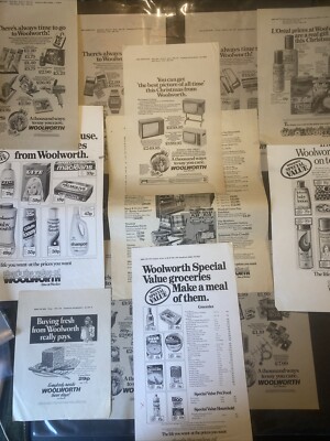 Vintage WOOLWORTH Anzeigen Druckbelege Zeitungsanzeigen Restposten teils postfrisch 70er PF1