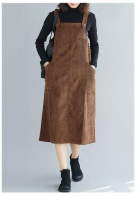 Women College Casual Retro Corduroy Strap Dungaree Midi Pinafore Overalls Dress