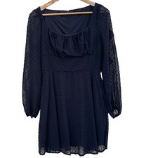 Shein Black Baby Doll Long Sleeve Mini Dress with Textured Sheer Overlay Size