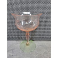 1 Tiffin June Pink Etched Uranium Green Stem Champagne Sherbet Glass Watermelon