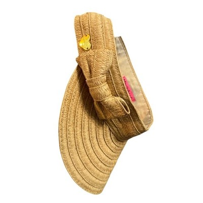 Betsey Johnson Tan Straw Sun Visor Hat with Bow and Gold Heart Charm One Size