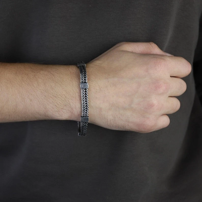 Solid Chain Bracelet Sterling Silver, Engraved Handmade Foxtail Bracelet - Image 4 of 4